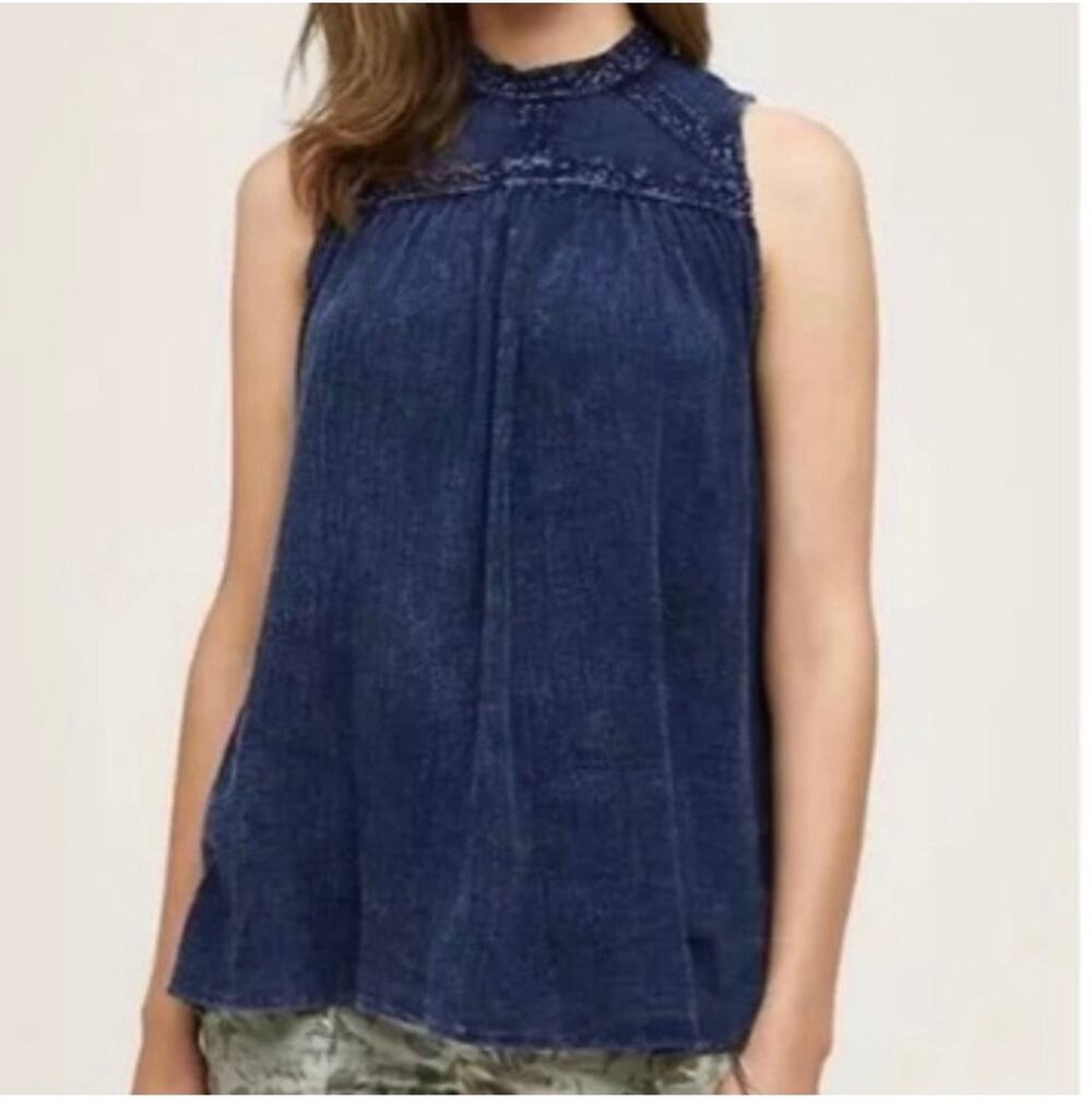 Anthropologie Eri + Ali Sweetbriar Navy Blue Embroidered Tunic Tank Blouse XL